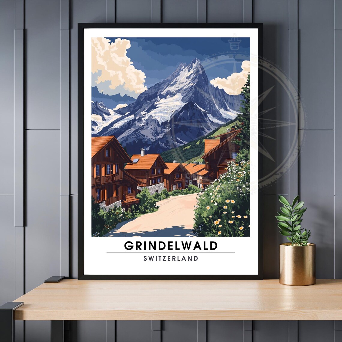 Grindelwald Switzerland Alpine Chalets Snowy Peak Village Poster