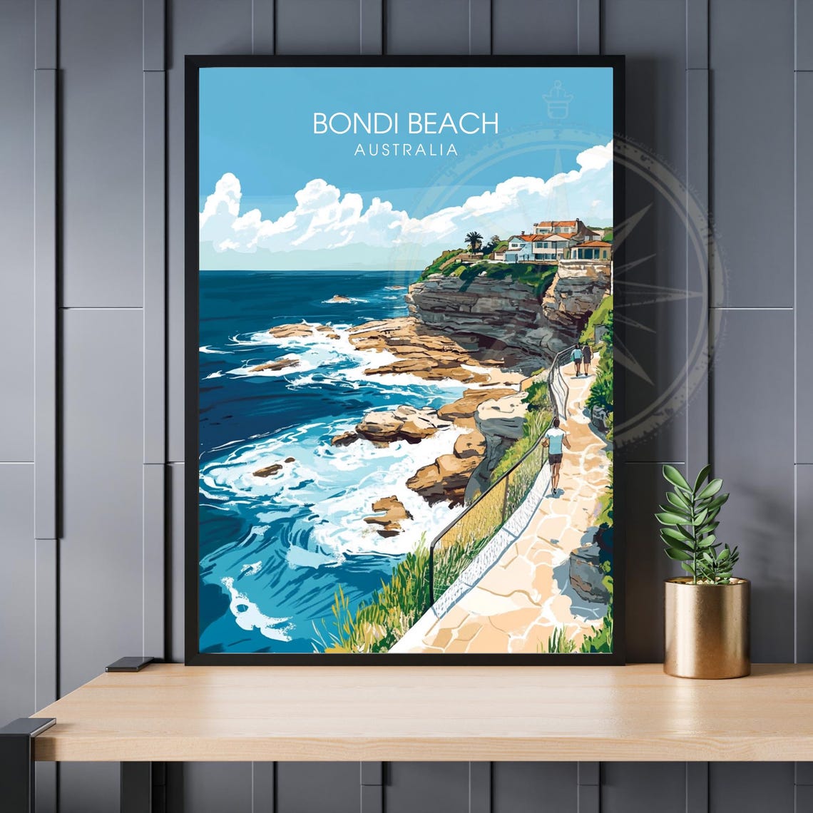 Bondi Beach Australia Coastal Cliffs Ocean Illustration Travel Poster
