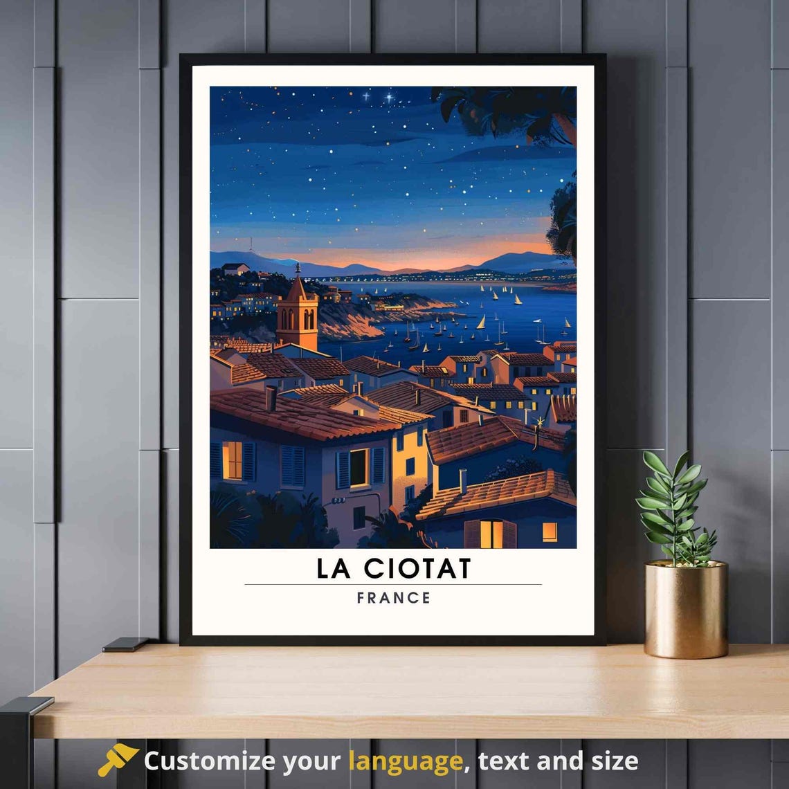 La Ciotat France Starry Dusk Harbor Rooftops Orange Coast Poster