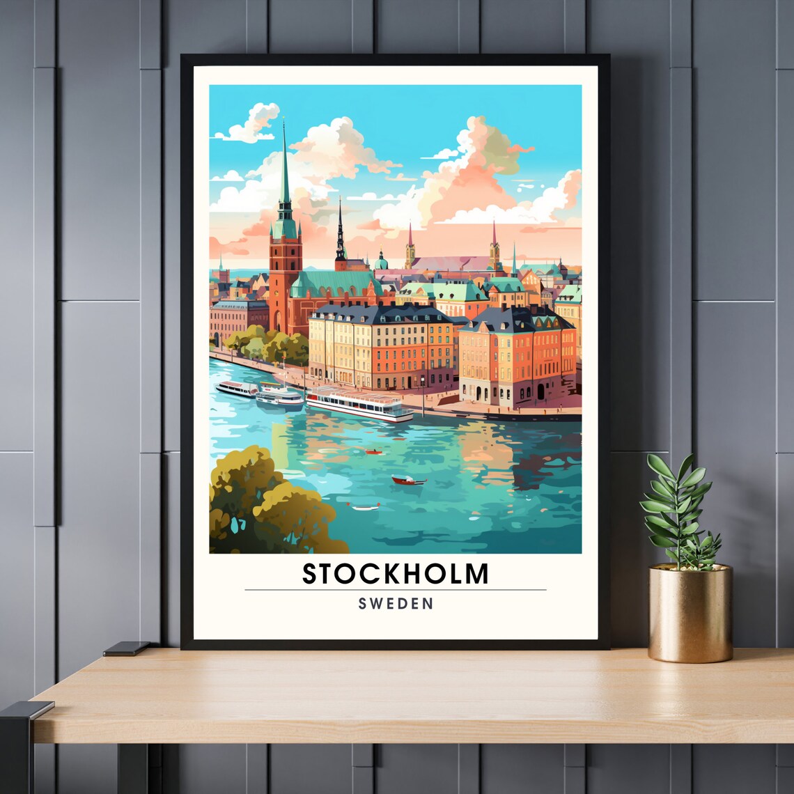 Stockholm Sweden Gamla Stan Waterfront Churches Vintage Travel Poster