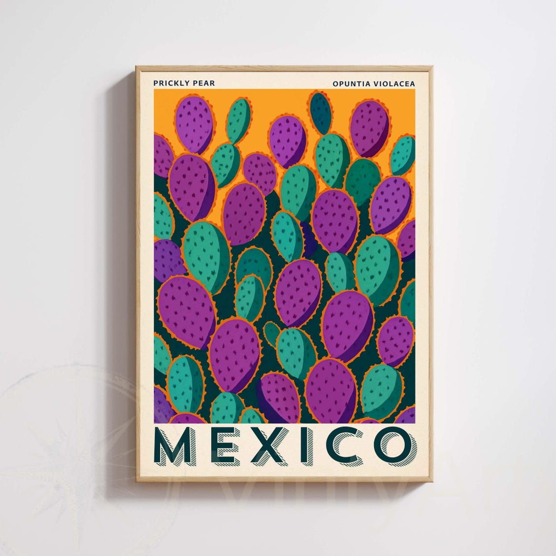 Mexico Vintage Cactus Poster Opuntia Violacea Print Botanical Wall Art