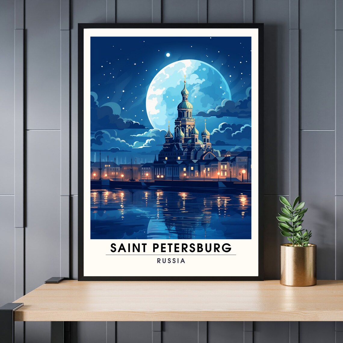 Saint Petersburg Russia Winter Night Moon Church Travel Poster