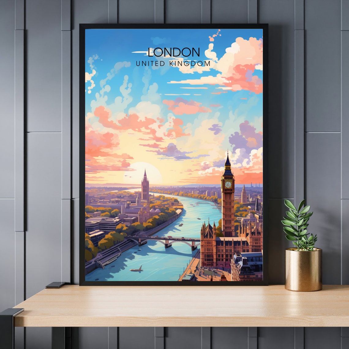 London Thames Panorama Big Ben Sunset River Skyline Travel Poster