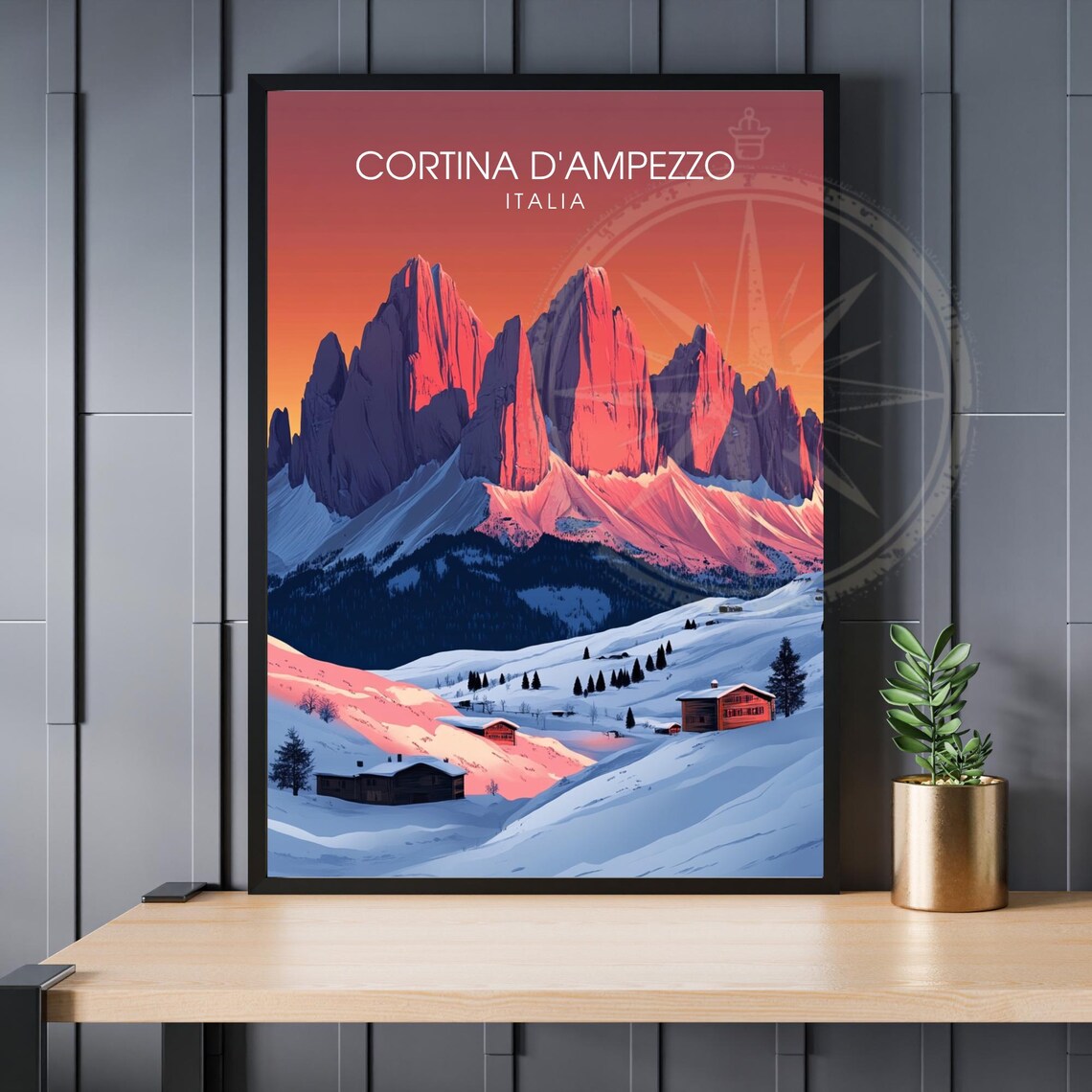 Cortina d'Ampezzo Italia Red Sunset Peaks Winter Travel Poster