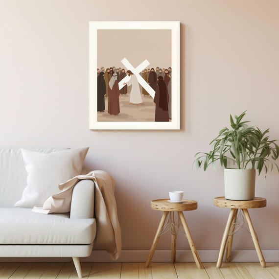 A Solemn Journey Minimalist Illustration Of Figure Carrying Cross In Sandy Landscape