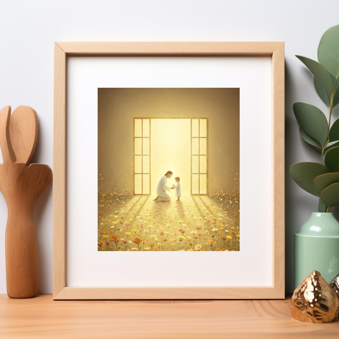 Adult And Child In Sunlit Doorway Flower Meadow Square Poster