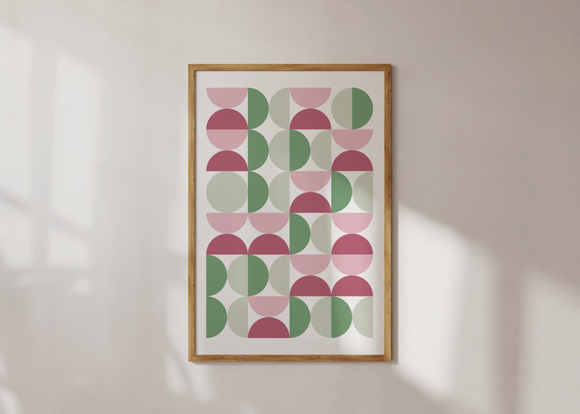 Pink and Green Semicircle Grid Bauhaus Geometric Abstract Poster