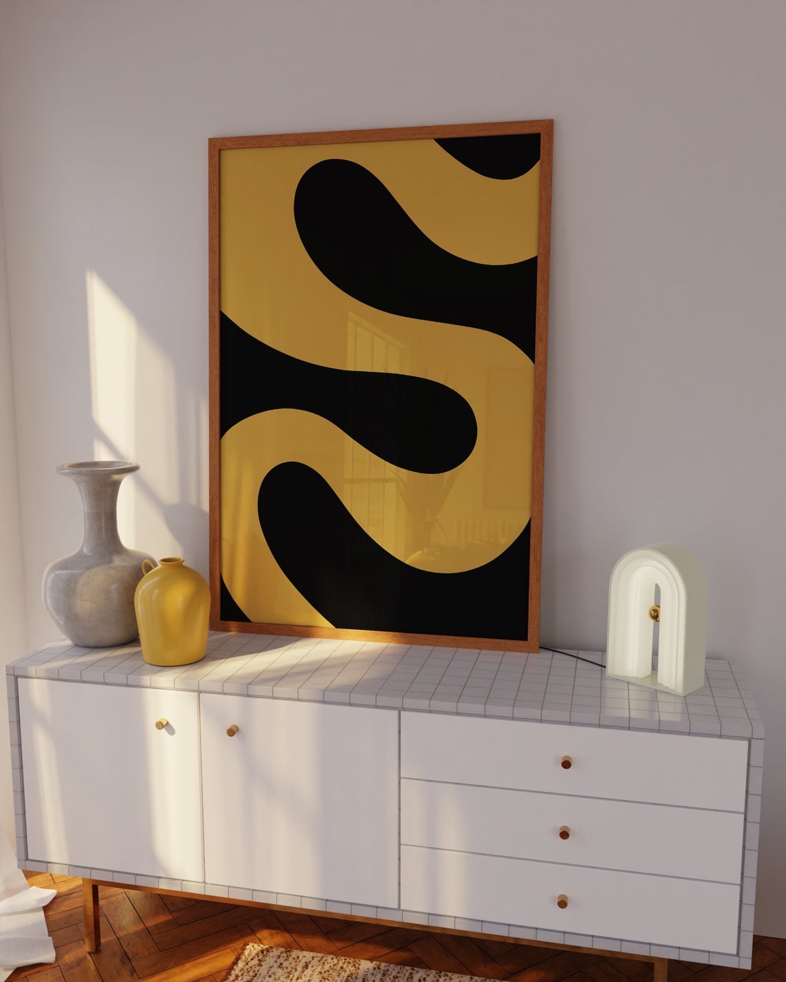 Black And Mustard Yellow Wavy Curves Bold Modern Abstract Poster - Image 3