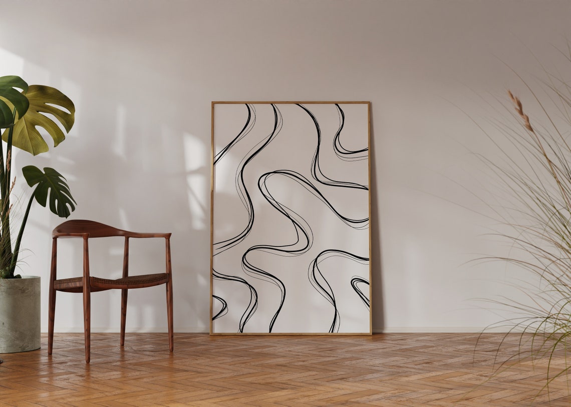 Flowing Wavy Black Lines Minimalist Modern Ink Abstract Poster - Image 2