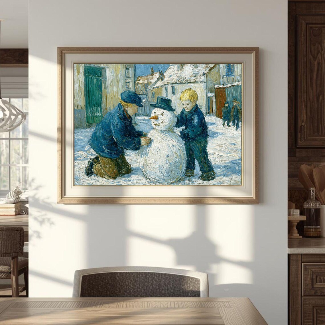 Children Building a Snowman in a Snowy Village Winter Art Poster
