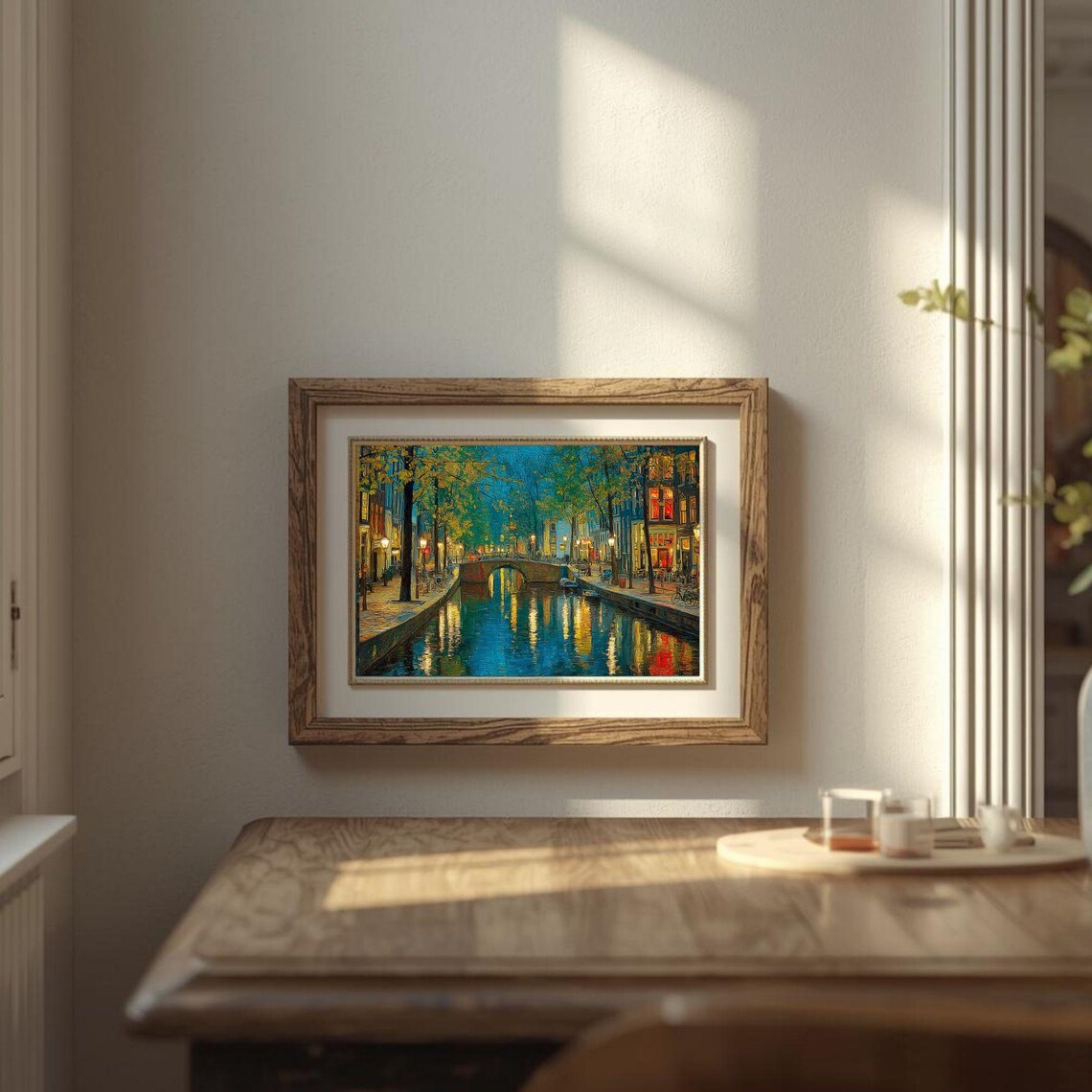 Moonlit Canal City Night Lights Reflective Water Oil Style Art Print