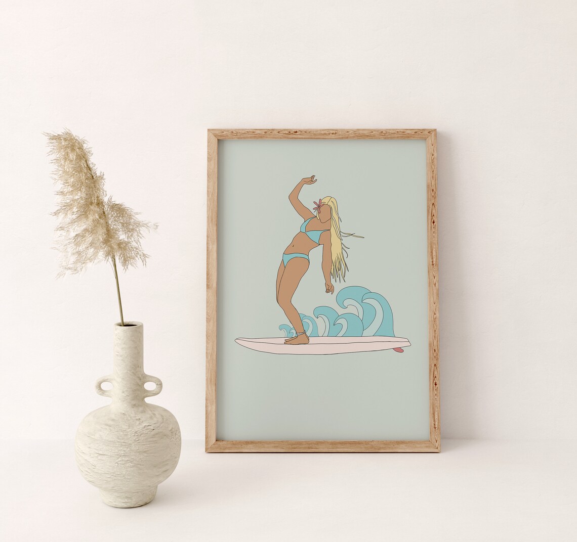 Surf Girl Surfing Pink Board Minimalist Coastal Illustration Poster