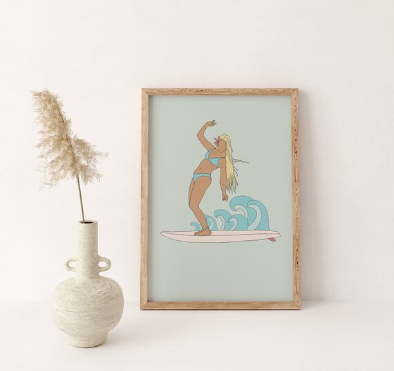 Surf Girl Surfing Pink Board Minimalist Coastal Illustration Poster
