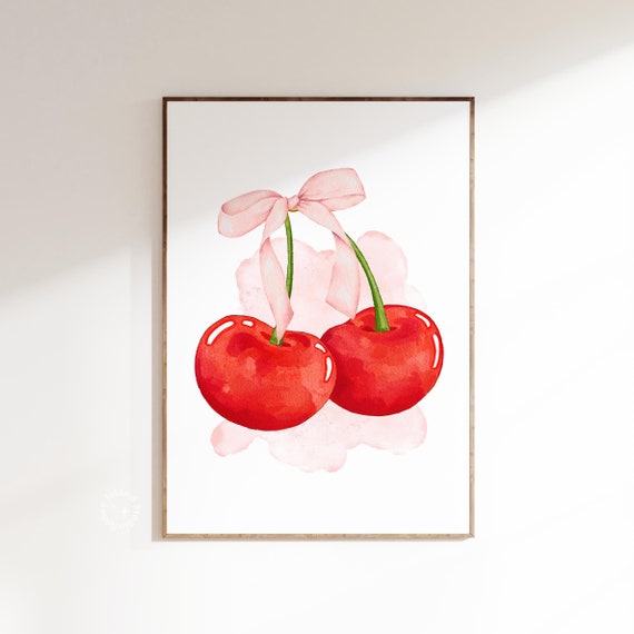 Cherries Wall Art Print Watercolor Cherry Bow Coquette Poster Feminine Red Pink Soft Girl Era Trendy Unframed