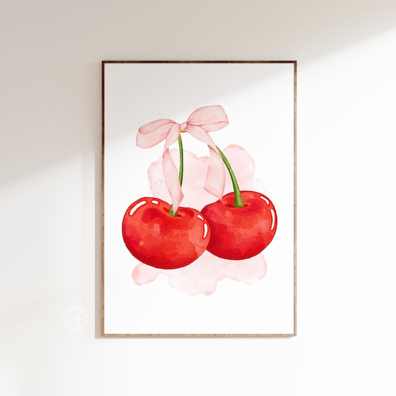 Red Cherries With Pink Bow Watercolor Coquette Aesthetic Wall Poster