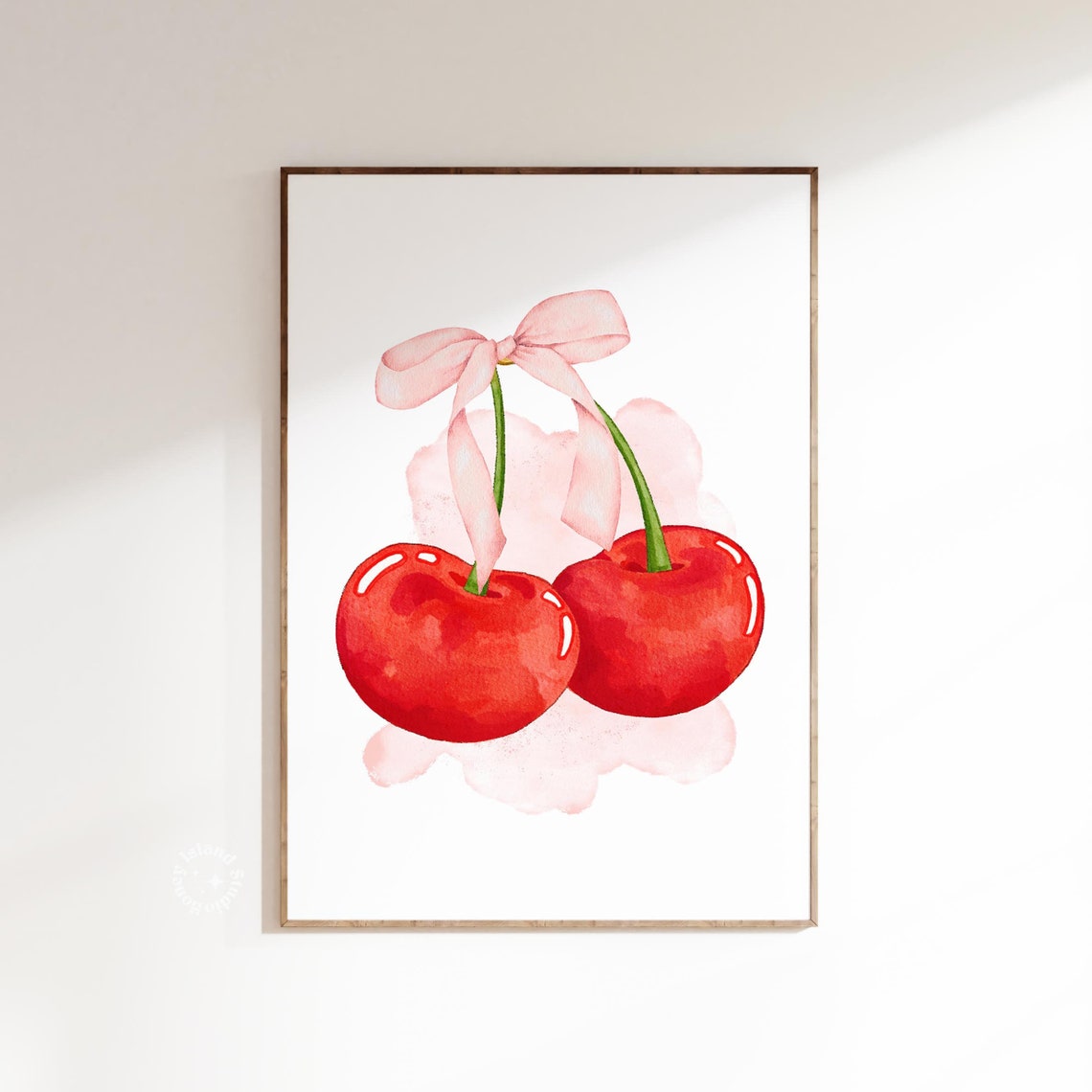 Red Cherries With Pink Bow Watercolor Coquette Aesthetic Wall Poster