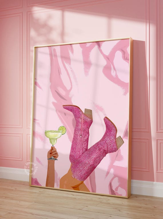 Margarita Pink Cowgirl Boots Art Print, Western Style
