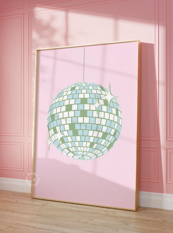 Sage Green Disco Ball Pink Background Preppy Dorm Room Trendy Print