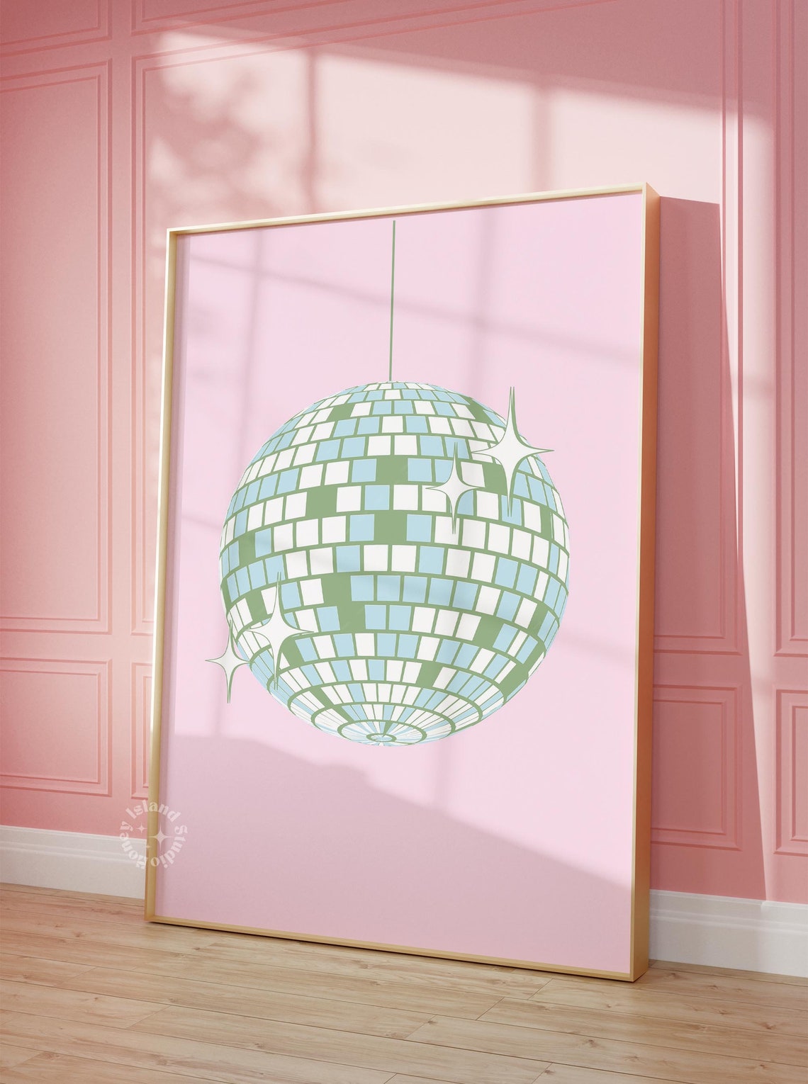 Sage Green Disco Ball Pink Background Preppy Dorm Room Trendy Print