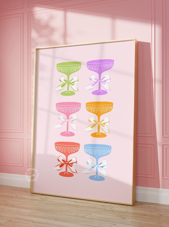 Colorful Cocktail Coupe Glasses Bows Coquette Bar Cart Decor Poster