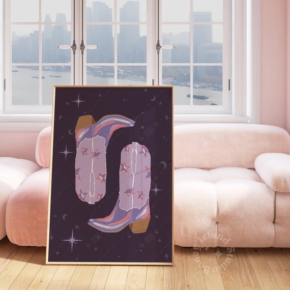 Cosmic Cowgirl Boot Pink Western Boots Wall Art Dorm Decor Girl Room Poster Cute Stars