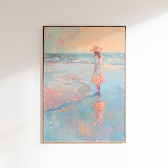 Coastal Cowgirl Pastel Beach Walk Pink Retro Painting Wall Art