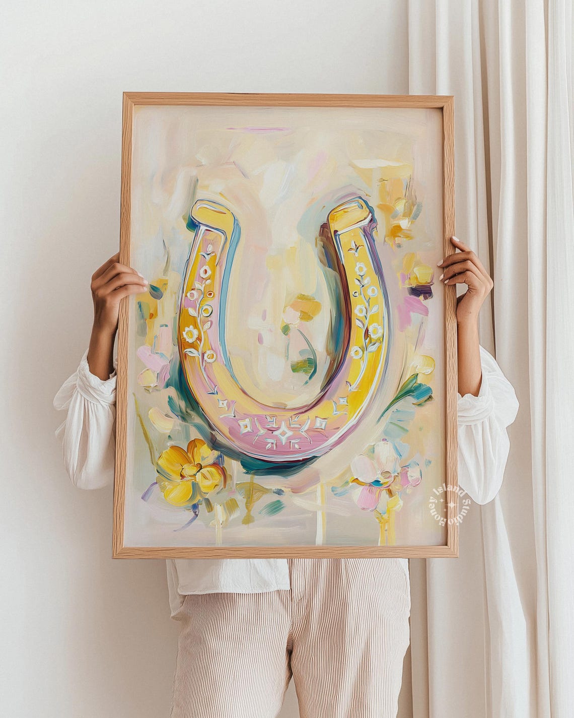 Golden Pastel Horseshoe Floral Lucky Western Decor Art Print
