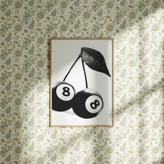 8 Ball Cherry Wall Print Funky Prints Groovy Posters Dorm Room Decor Black White Cherries Bar Cart Art Unframed