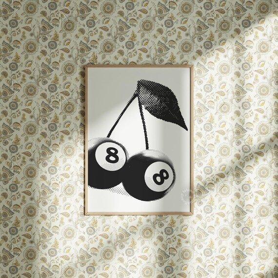 Black White 8 Ball Cherry Pop Art Halftone Fun Retro Wall Poster