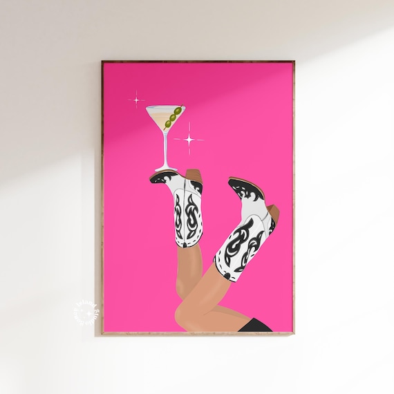 Trendy Hot Pink Cowgirl Boots and Olive Martini Cocktail Poster