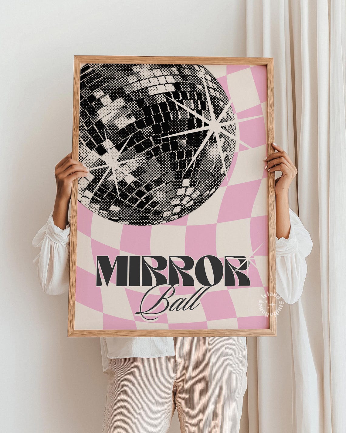 Mirror Ball Retro Disco Pink Checkered Groovy Trendy Art Poster