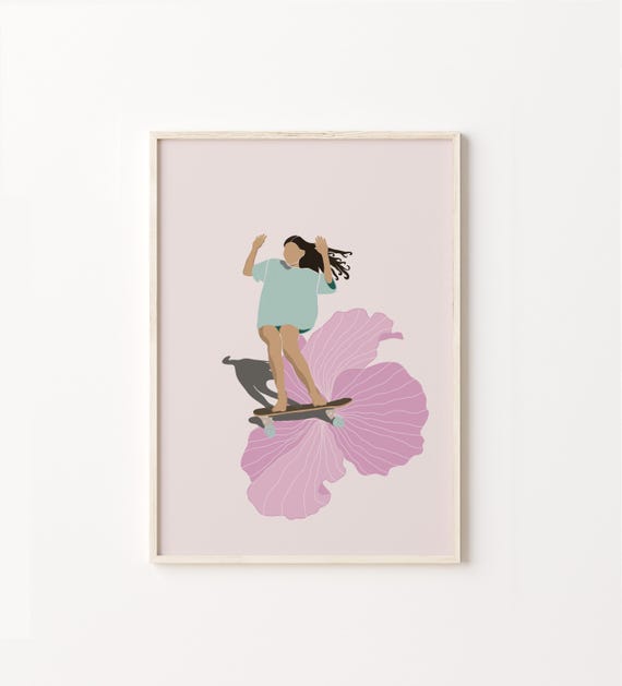 Skate Girl Print Beach Wall Art Surf Cruisin Decor Cute Boho Illustration Prints