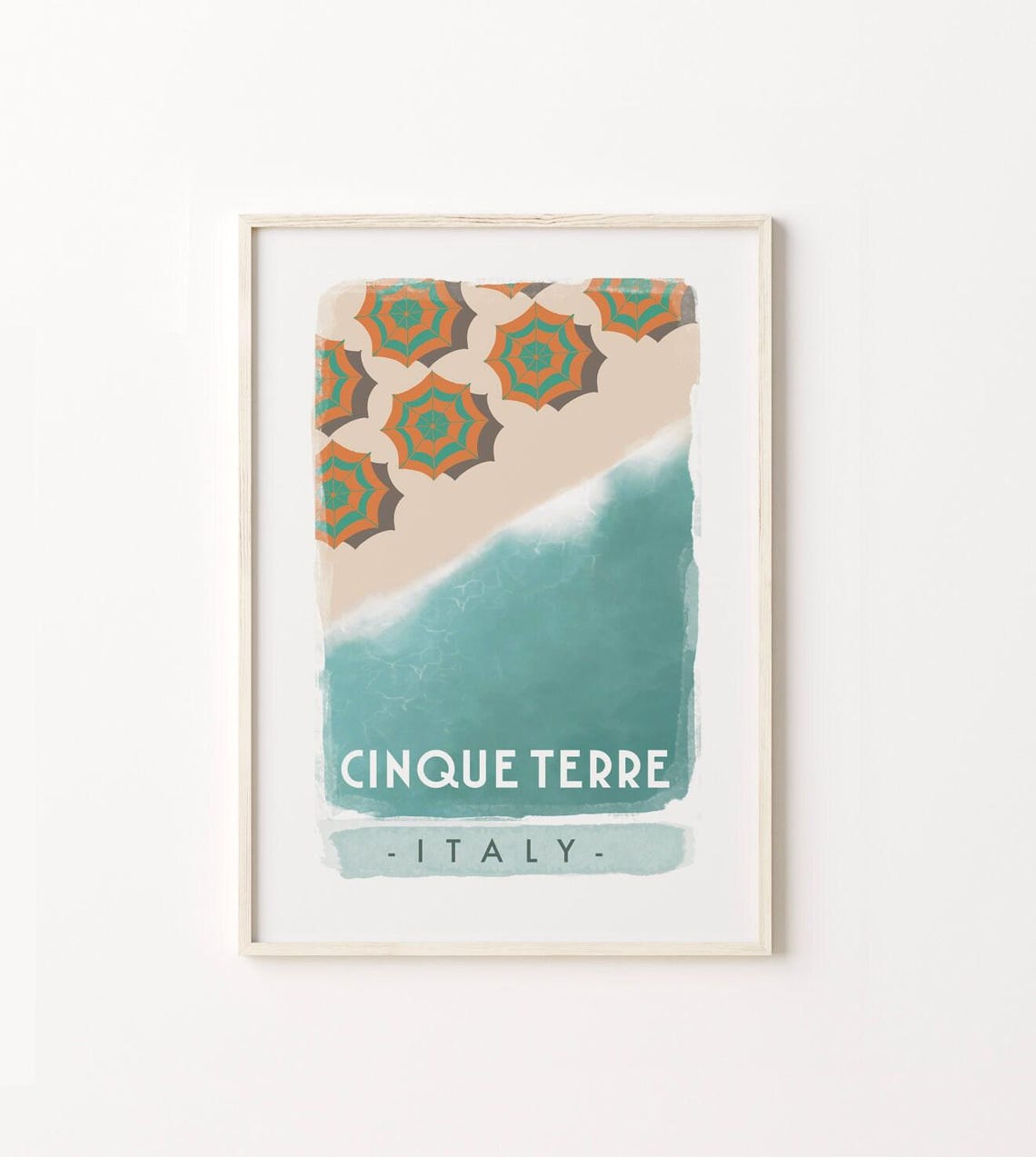 Cinque Terre Italy Aerial Beach Umbrellas Vintage Style Poster