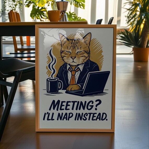 Sleepy Office Cat, Cozy Office Art Print