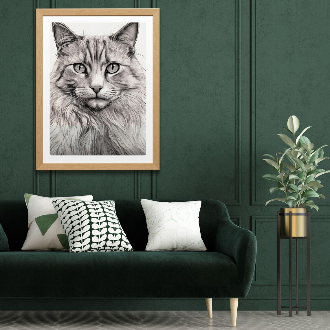 Fluffy Long Haired Tabby Cat Realistic Black White Portrait Poster - Image 3