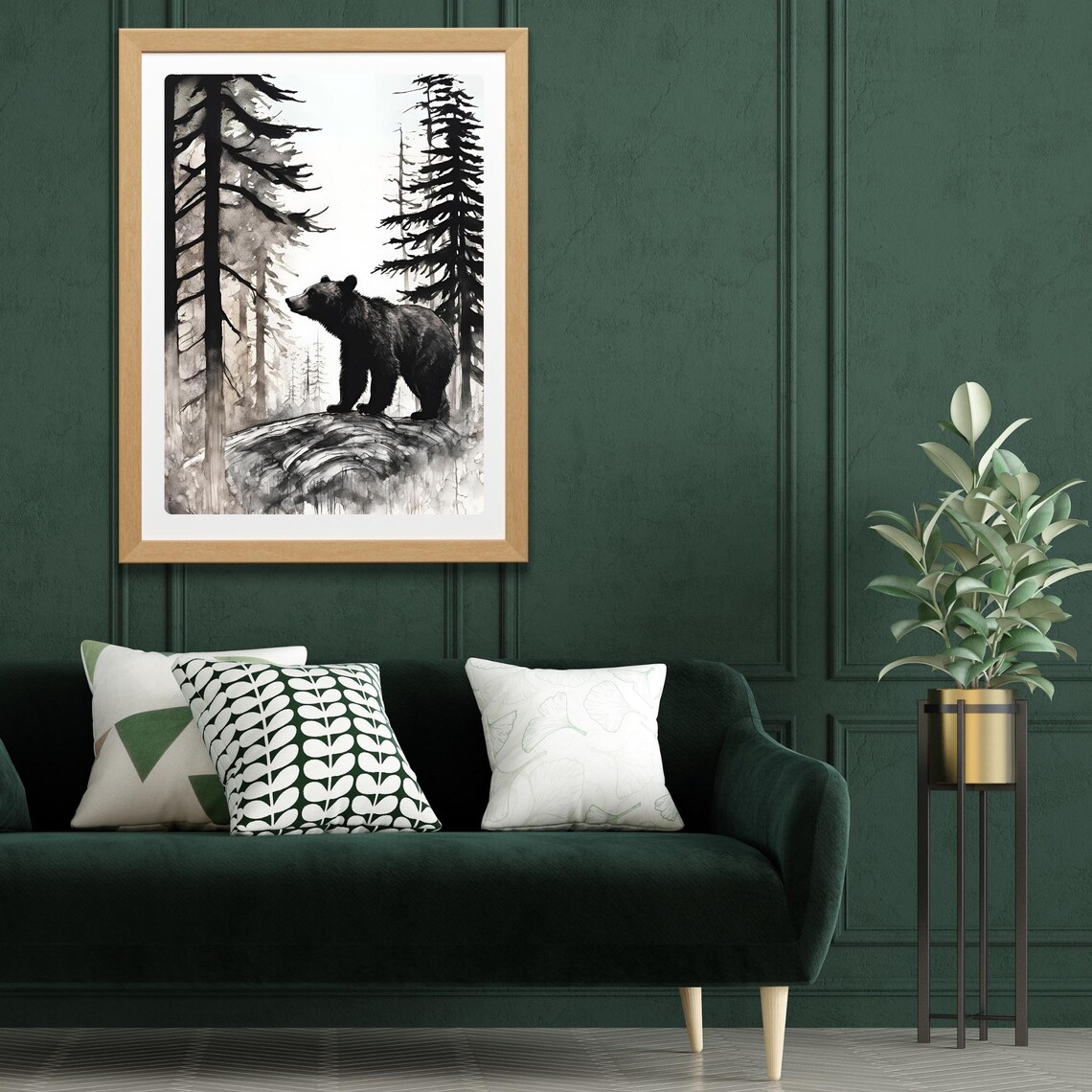 Black Bear Standing On Rock Among Tall Pine Trees Monochrome Nature Poster - Image 3