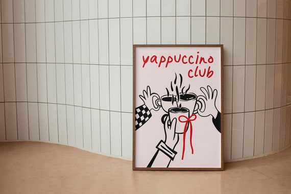 Coquette Yappuccino Coffee Club Mugs Pattern Print Tea Time Party Poster Pink Red Preppy Coffeebar Corner Sign Cafe Kitchen Gift Ideas Art