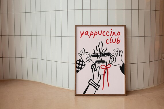Yappuccino Club Toasting Coffee Mugs Poster Red Hand Lettered Cafe Decor