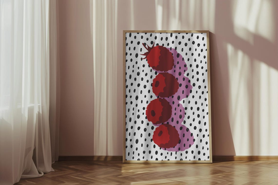 Red Raspberries On Polka Dot Background Dopamine Fruit Kitchen Poster