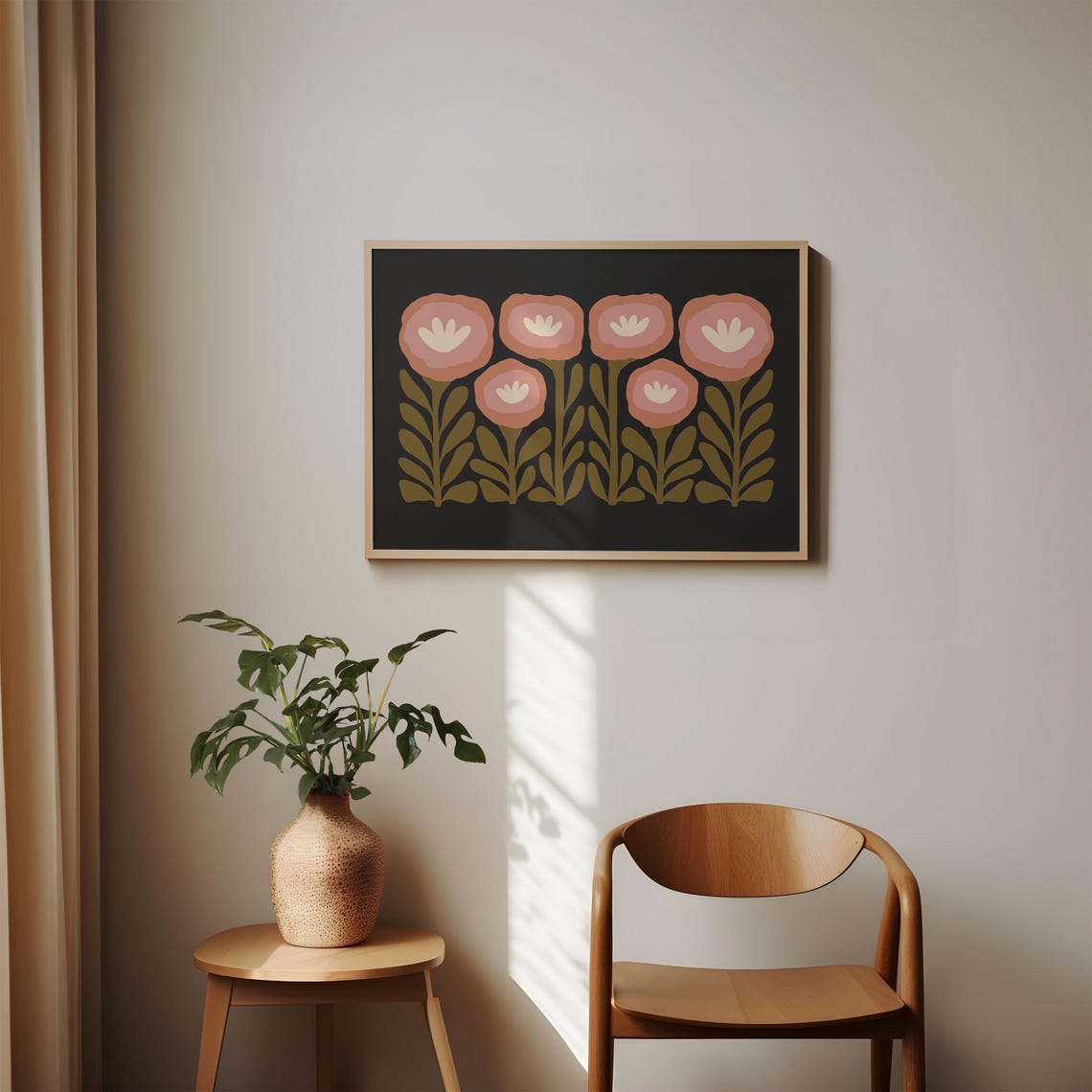 Moody Retro Floral Gallery Dusty Pink Blossoms on Black Poster - Image 5