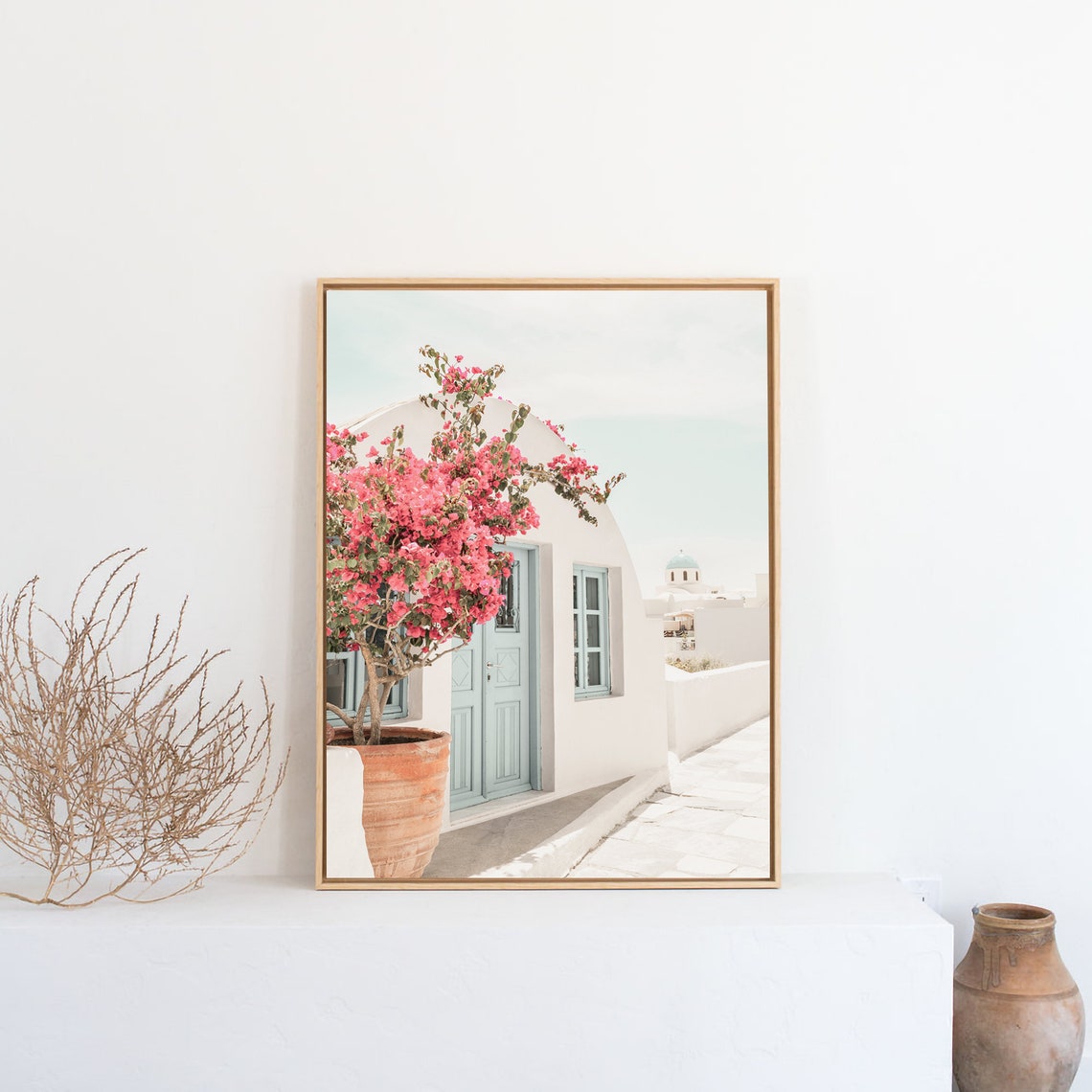 Pink Bougainvillea By A Blue Door In Santorini Greece Poster - Image 2