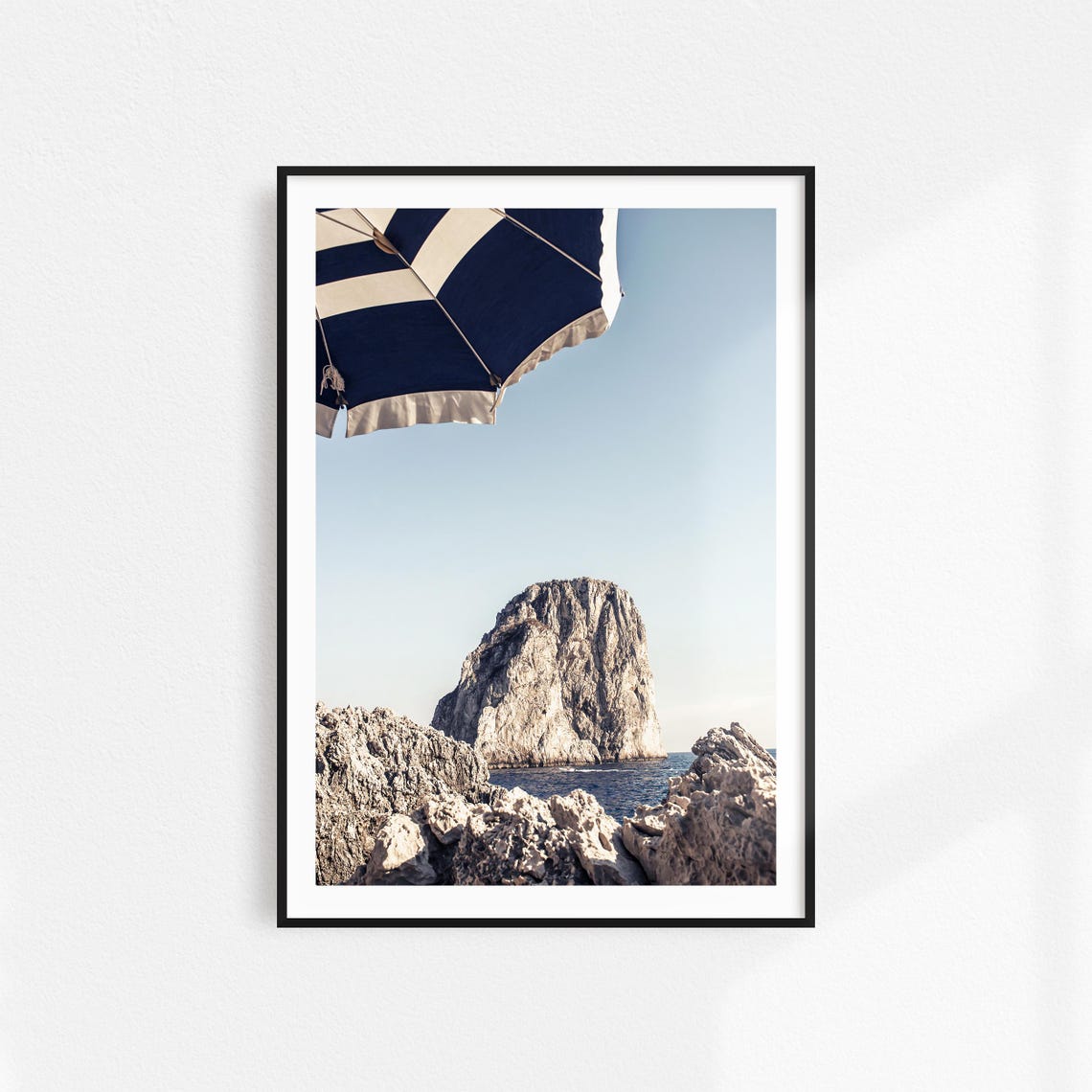 Capri Faraglioni Rocks Striped Umbrella Amalfi Travel Poster