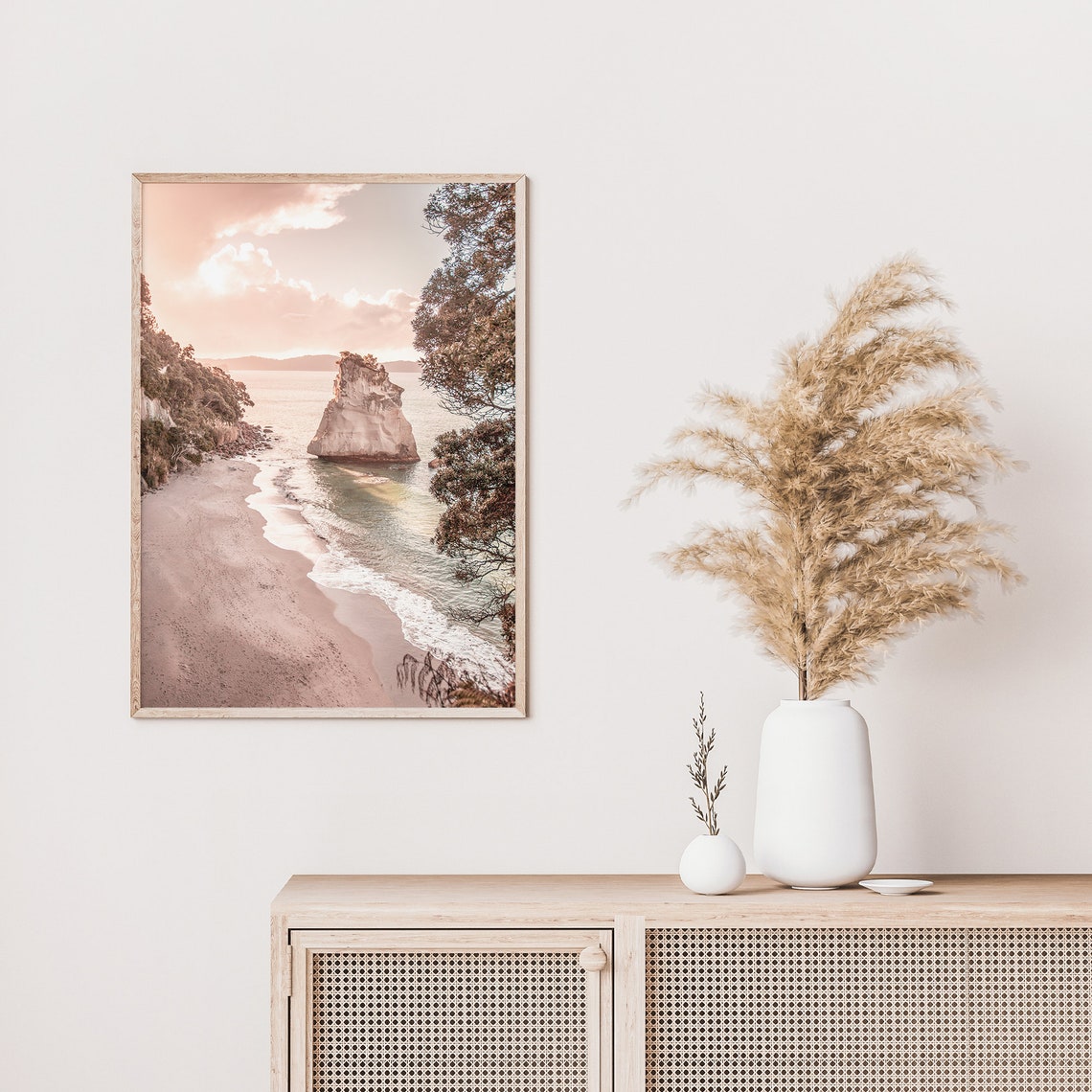 New Zealand Sea Stack at Sunset in Soft Blush Pink Tones Poster - Image 2
