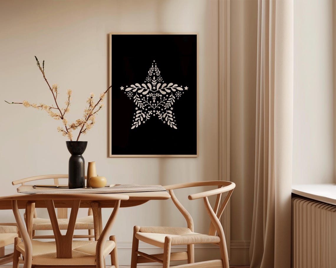 Scandinavian Botanical Christmas Star on Deep Black Art Poster - Image 3