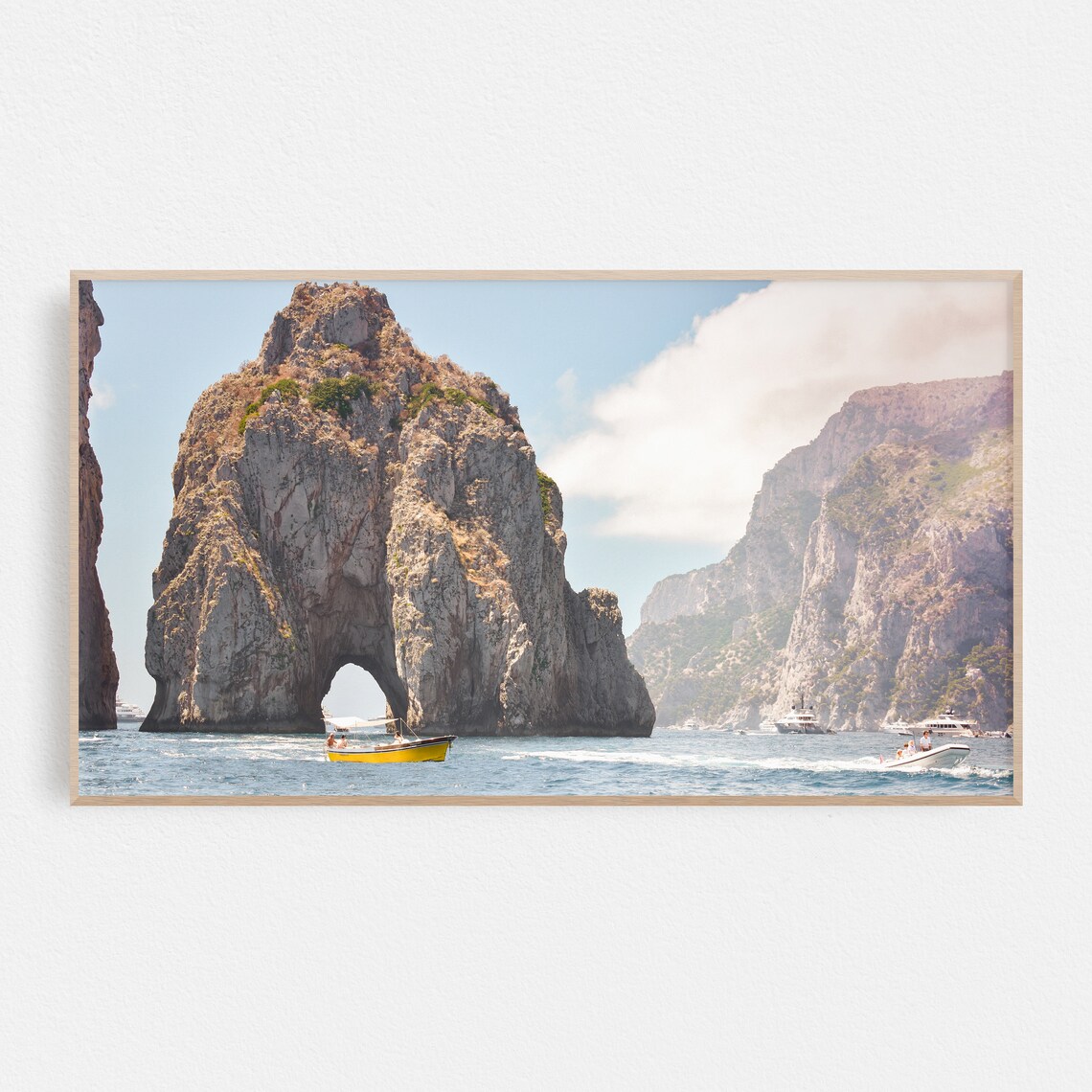 Capri Italy Faraglioni Rock Arch Boats Coastal Travel Decor Poster