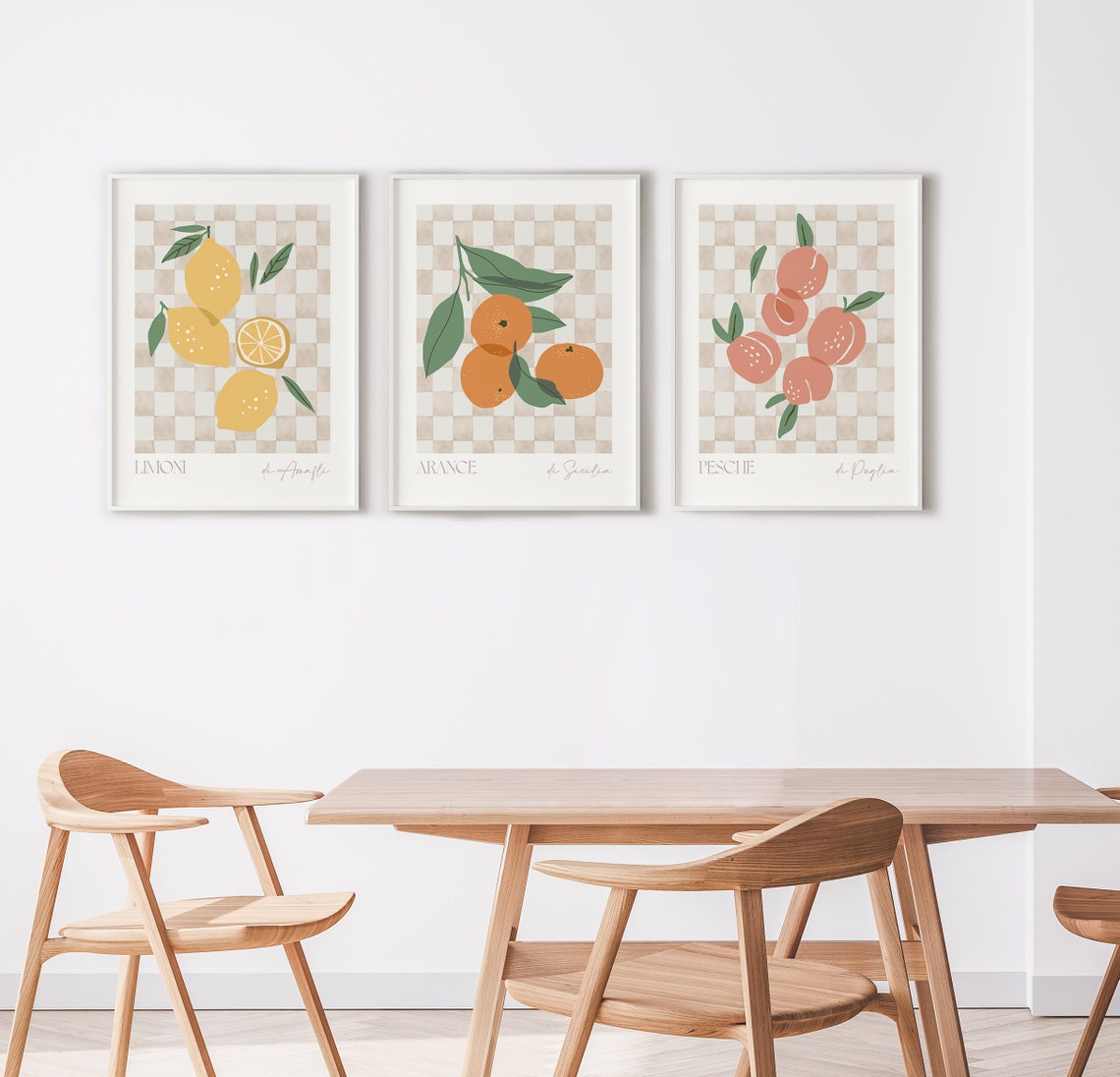 Italian Fruit Prints Set Of 3 Lemon Orange Peach Checkerboard Poster - Image 4