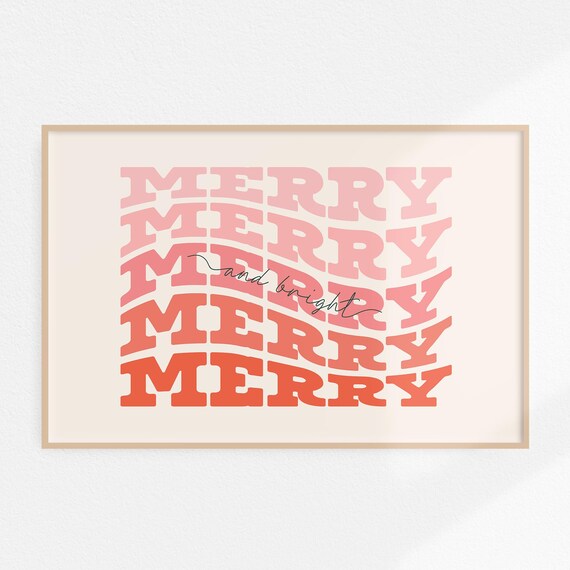 Merry And Bright Art Colorful Christmas Print Retro Holiday Decor Cute Red Pink Festive Poster Trendy Wall Art For Christmas