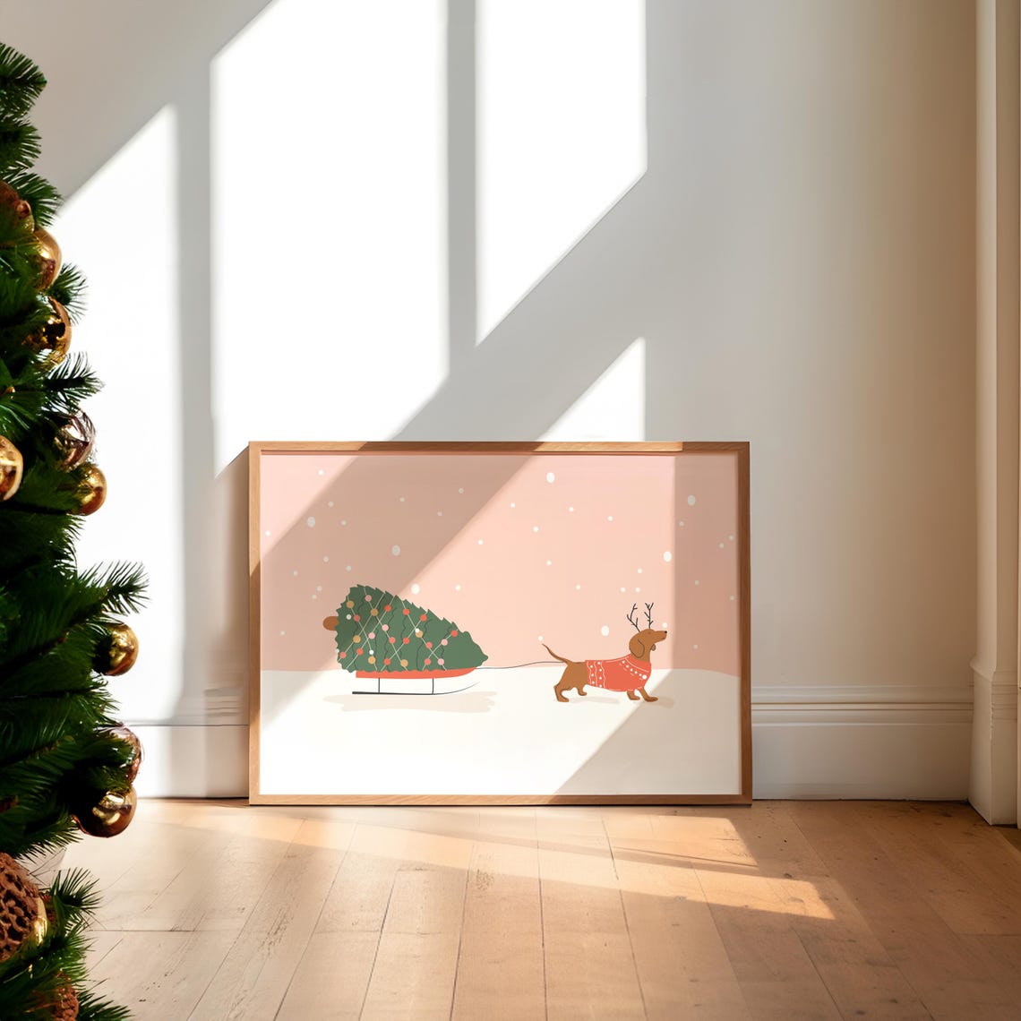 Dachshund Christmas Sled Red Sweater Funny Dog Holiday Poster - Image 3