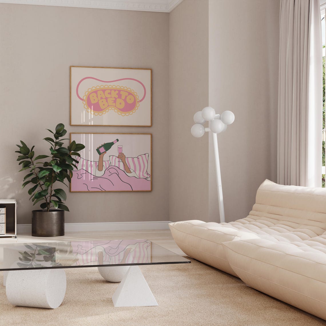 Back To Bed Pink Yellow Sleep Mask Art Above Bed Horizontal Poster - Image 3