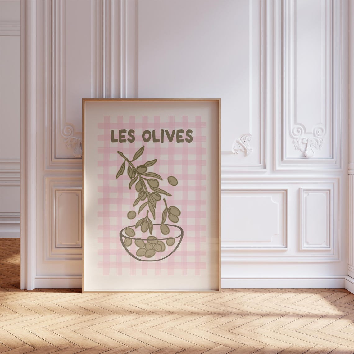 Les Olives Bowl Illustration French Olive Pink Gingham Poster - Image 4